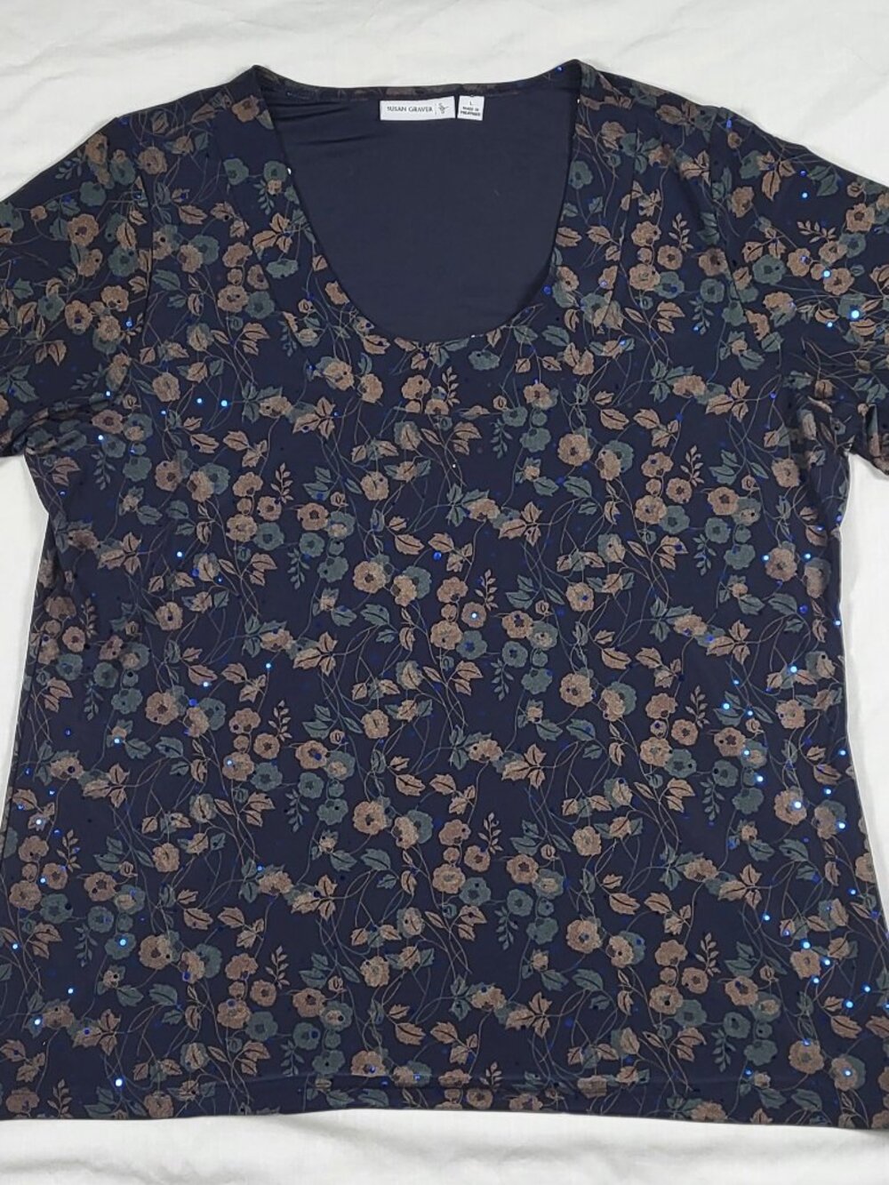 Susan Graver Blouse Top Women's Large Floral Shirt Sparkle Lightweight Versatile
